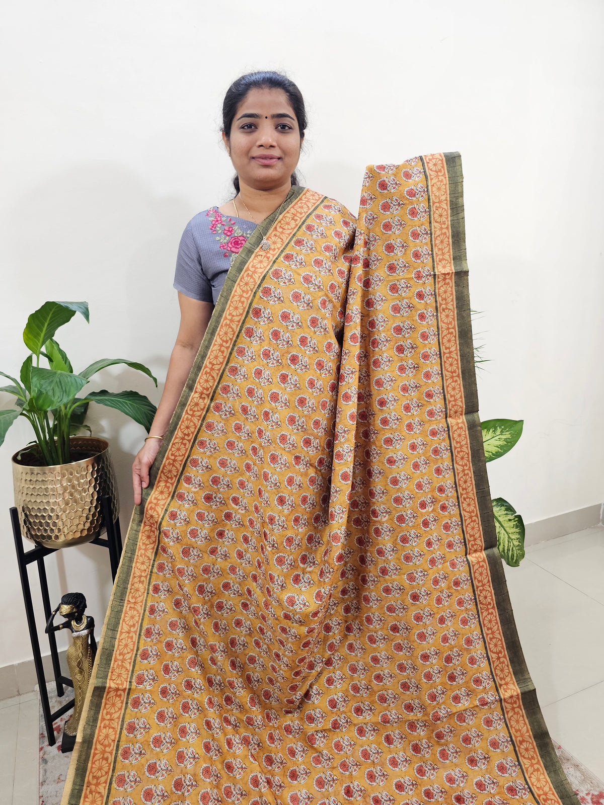 Soft Semi Tussar Digital Prints with Tissue Border - Yellow with Grey