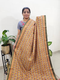 Soft Semi Tussar Digital Prints with Tissue Border - Yellow with Grey