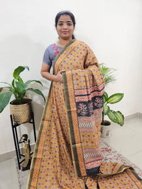 Soft Semi Tussar Digital Prints with Tissue Border - Yellow with Grey
