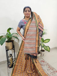 Soft Semi Tussar Digital Prints with Tissue Border - Yellow with Grey