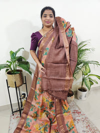 Pure Tussar Silk Saree with Kanchi Border - Peach with Brown
