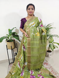 Pure Tussar Silk Checks Saree with Kanchi Border - Green
