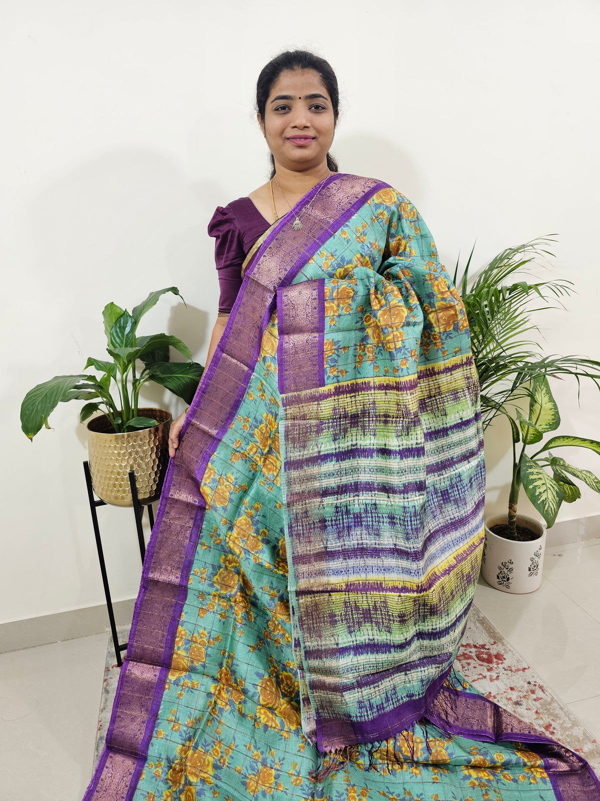 Pure Tussar Silk Checks Saree with Kanchi Border - Sea Green with Violet