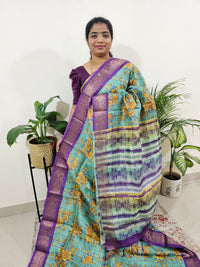 Pure Tussar Silk Checks Saree with Kanchi Border - Sea Green with Violet