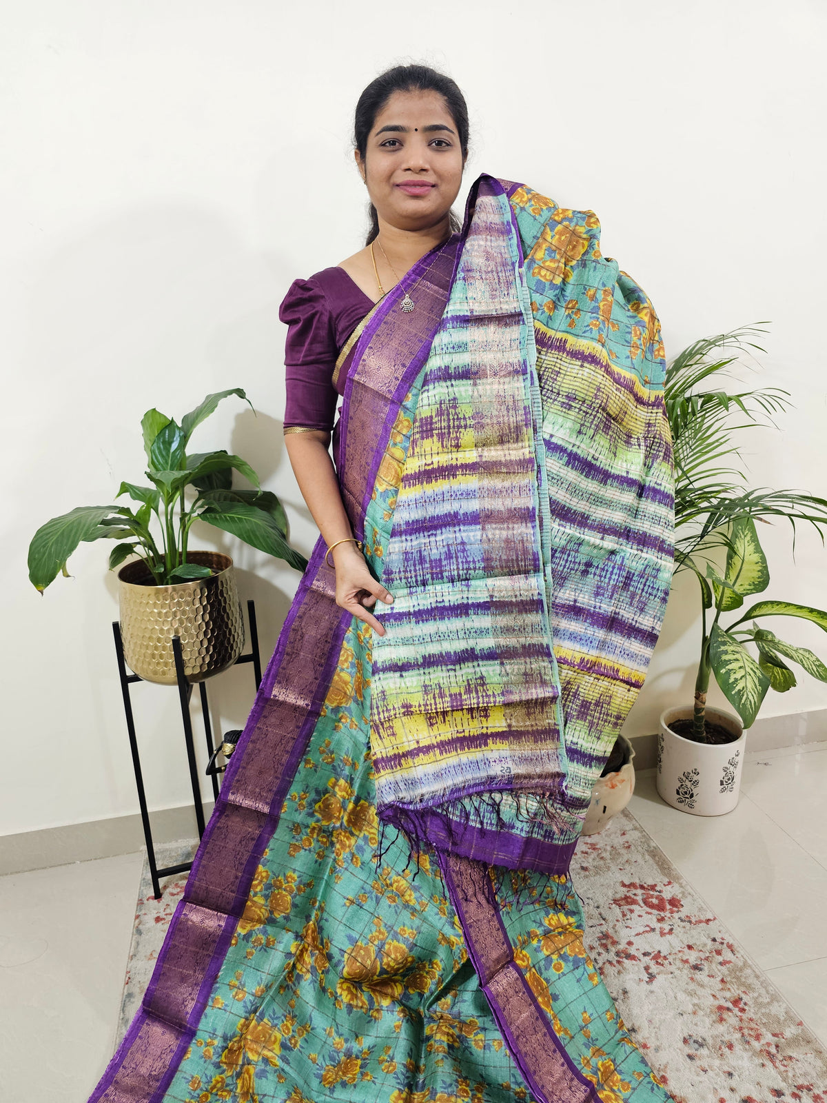 Pure Tussar Silk Checks Saree with Kanchi Border - Sea Green with Violet