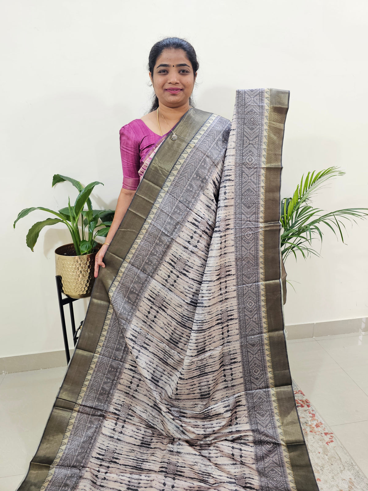 Soft Semi Tussar Digital Prints with Contrast Border - Grey