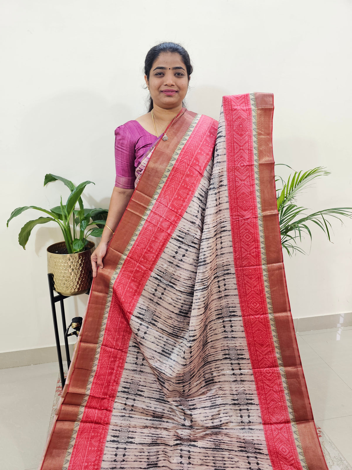 Soft Semi Tussar Digital Prints with Contrast Border - Red