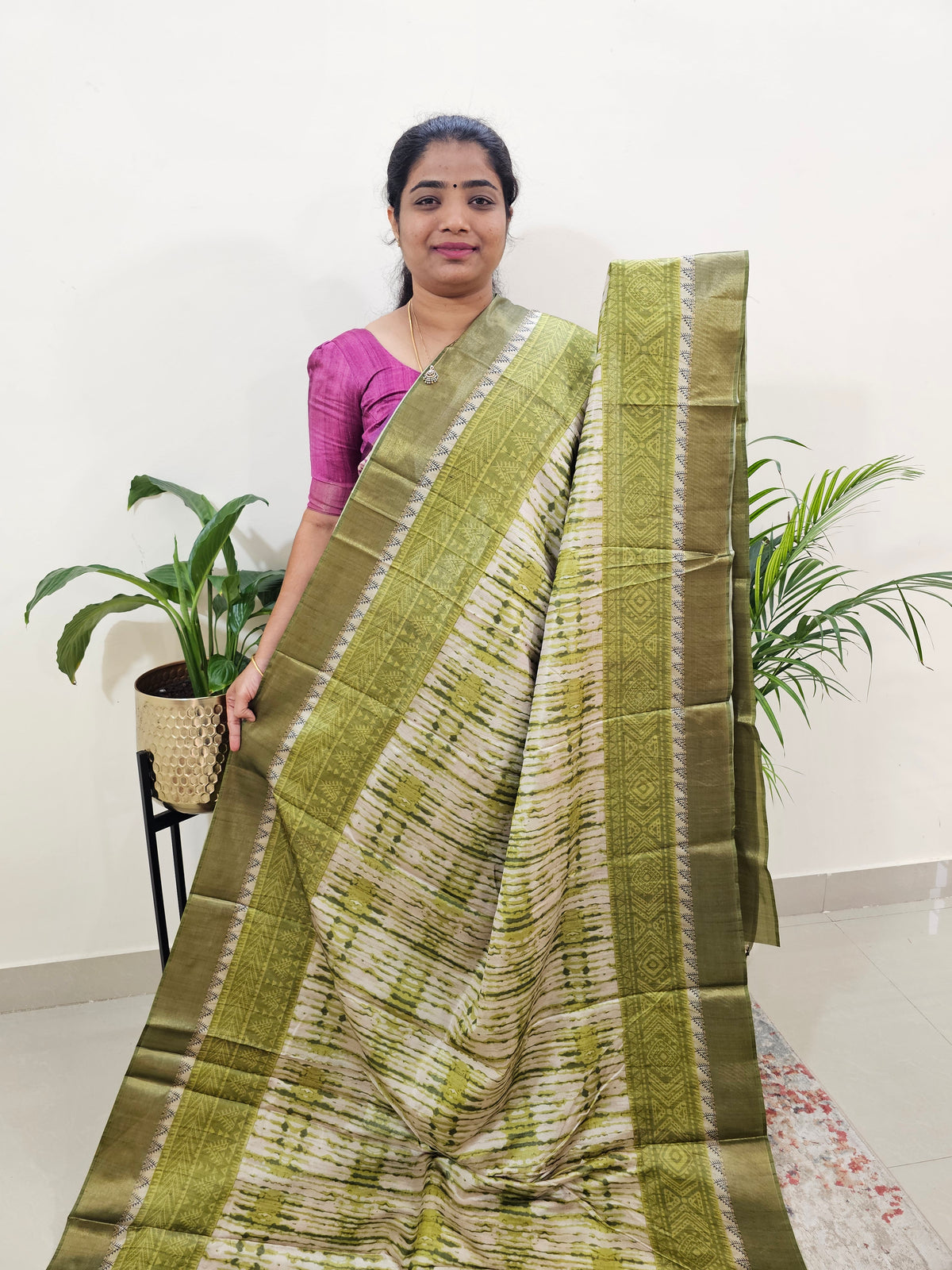 Soft Semi Tussar Digital Prints with Contrast Border - Green