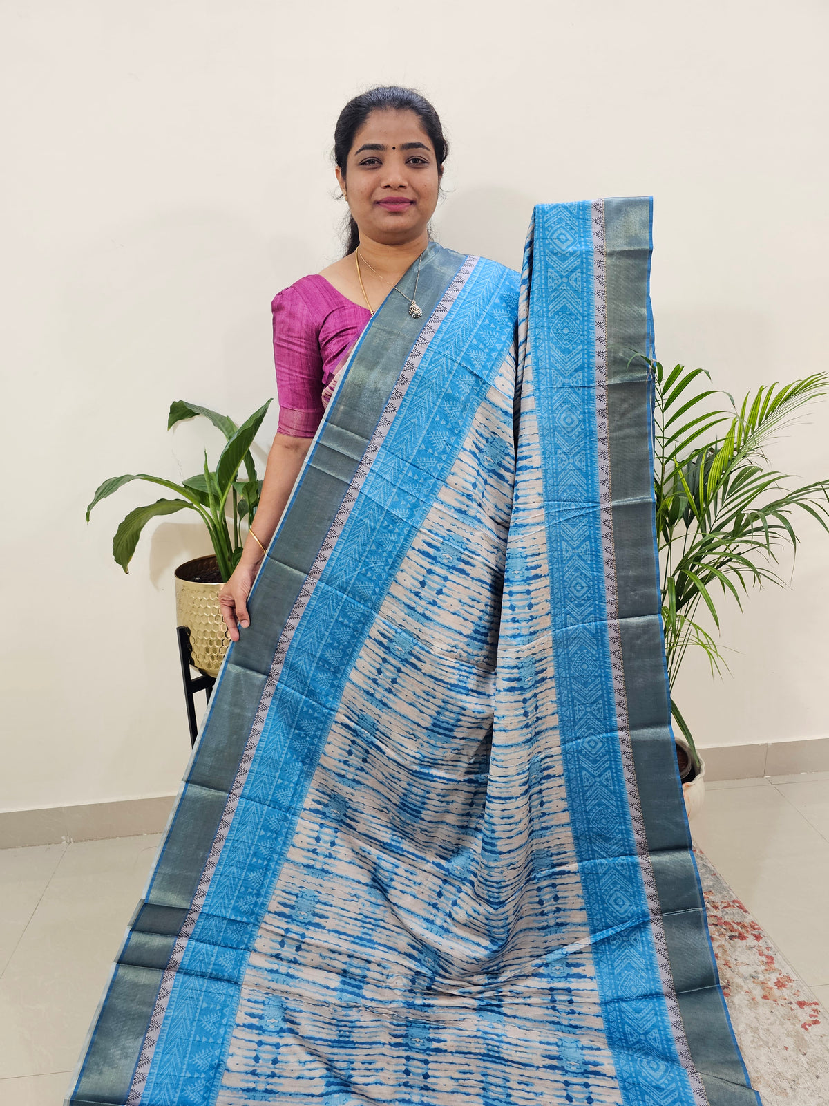 Soft Semi Tussar Digital Prints with Contrast Border - Blue