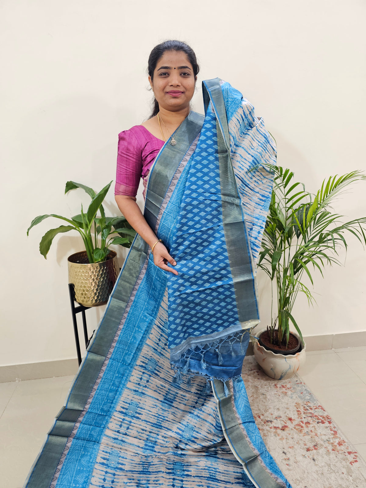 Soft Semi Tussar Digital Prints with Contrast Border - Blue