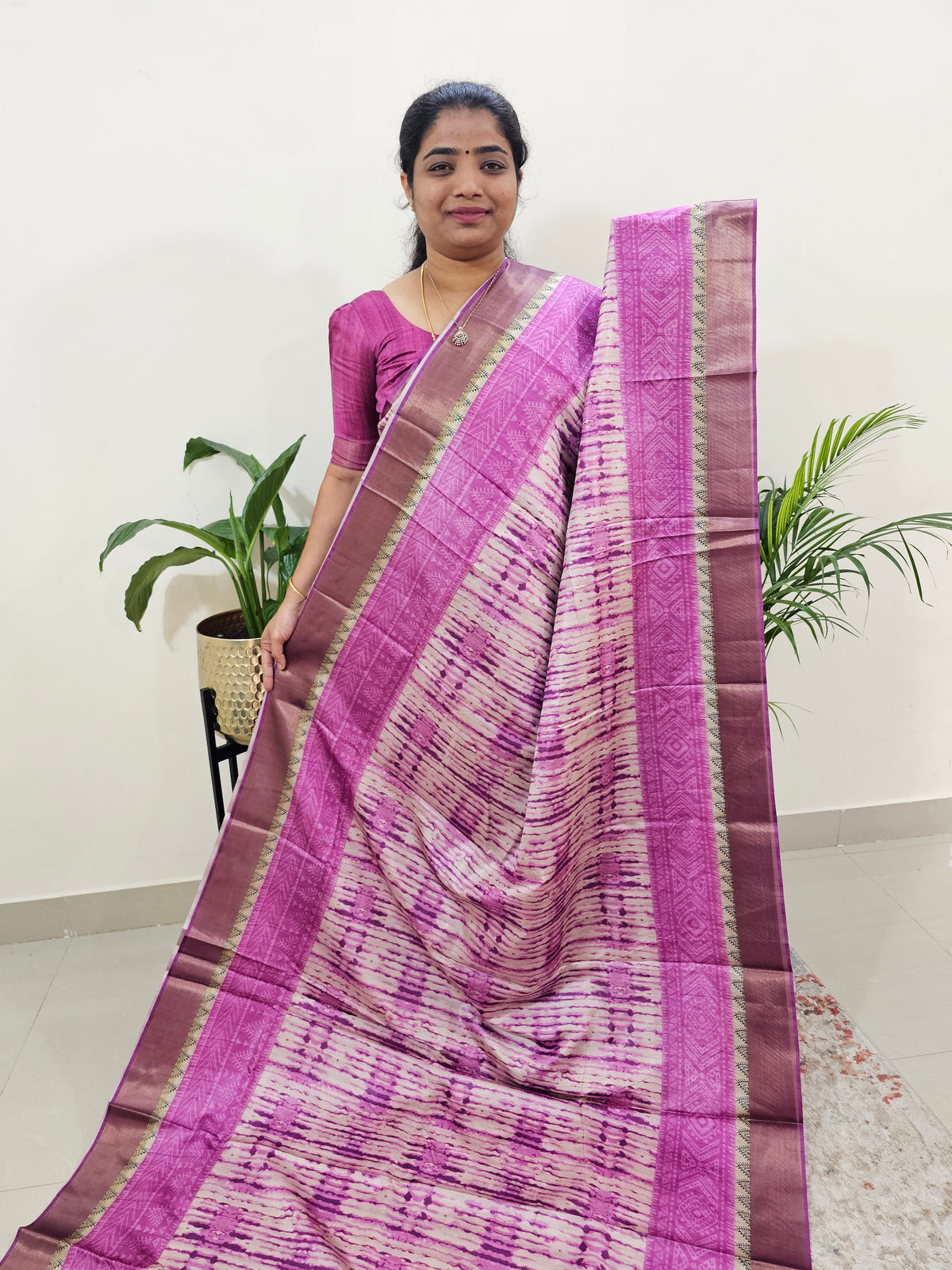 Soft Semi Tussar Digital Prints with Contrast Border - Purple