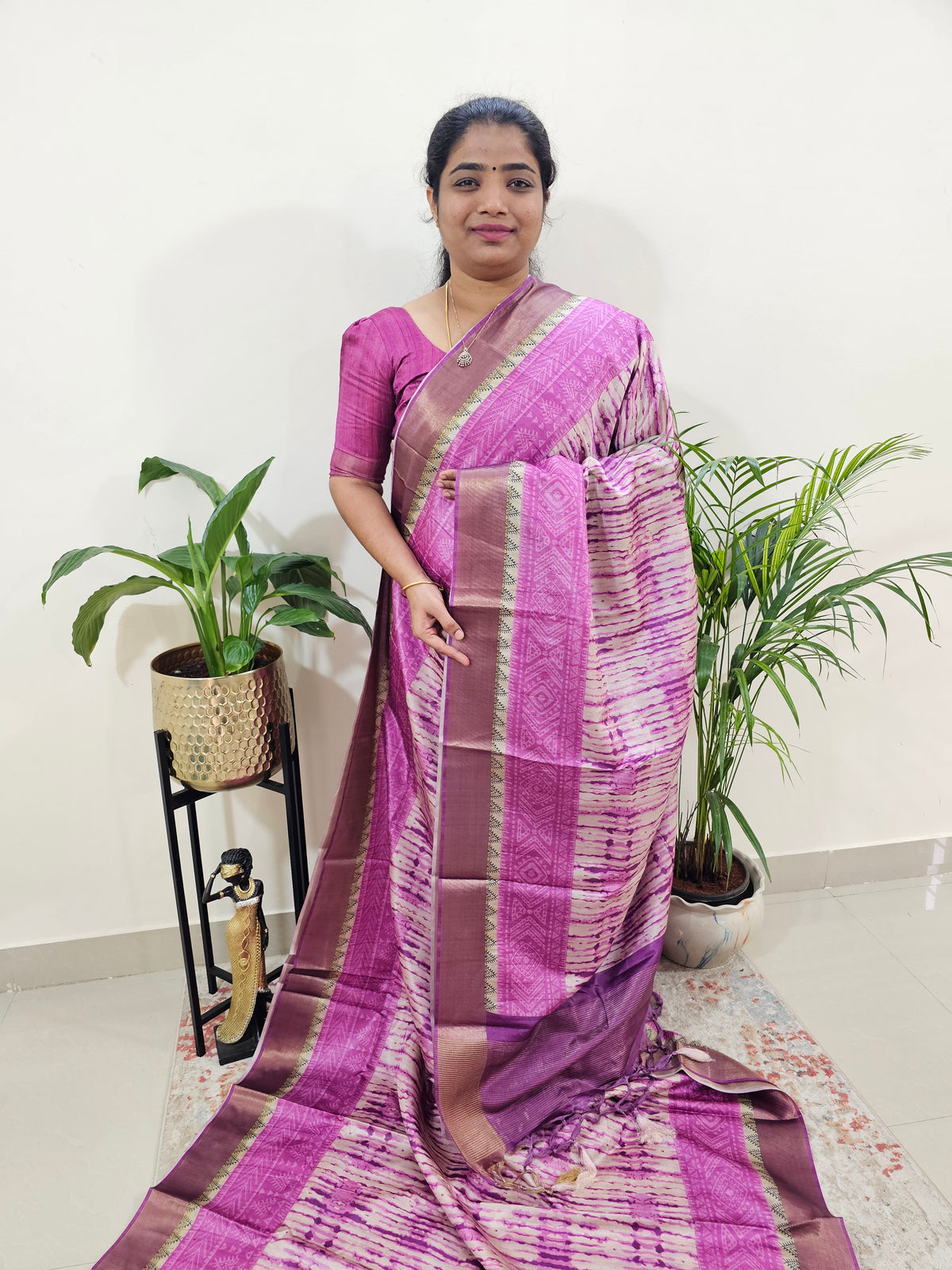 Soft Semi Tussar Digital Prints with Contrast Border - Purple