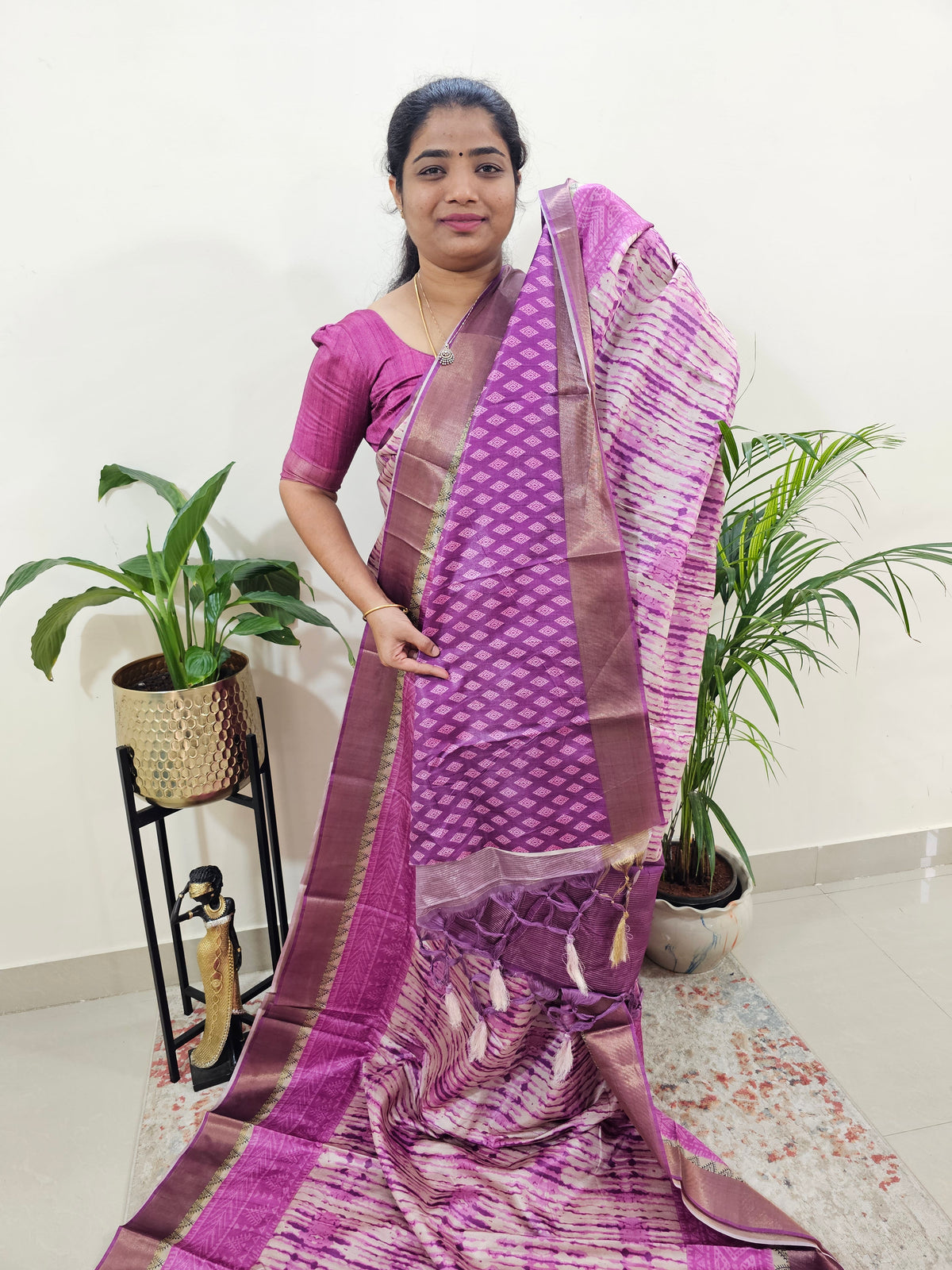 Soft Semi Tussar Digital Prints with Contrast Border - Purple