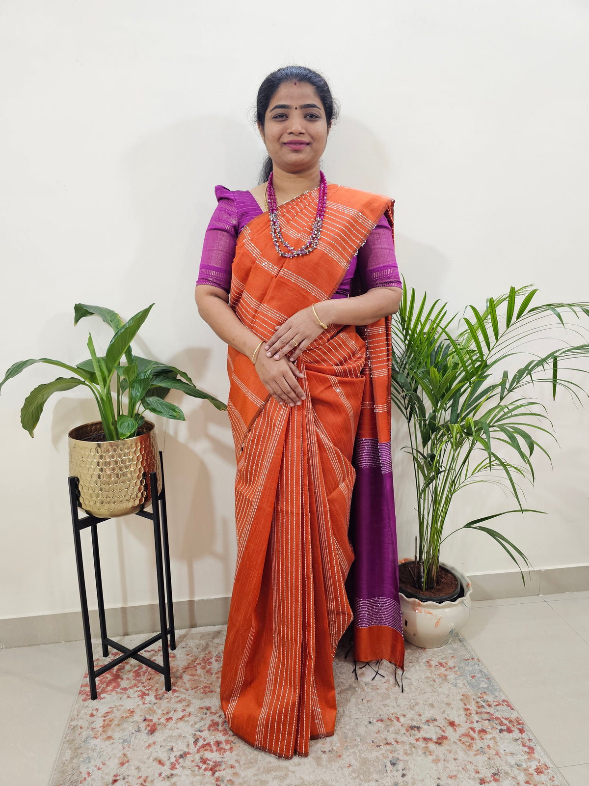 Raw Silk Saree - Orange with Magenta Pink