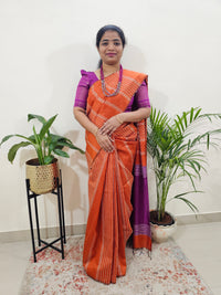 Raw Silk Saree - Orange with Magenta Pink