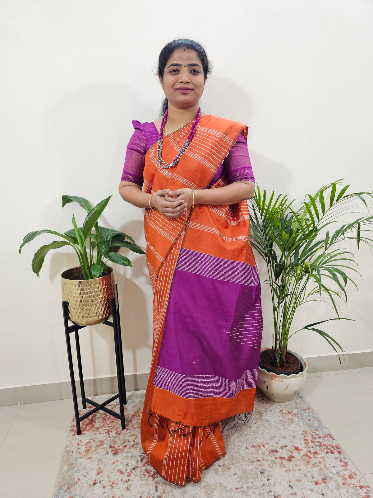 Raw Silk Saree - Orange with Magenta Pink