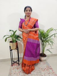 Raw Silk Saree - Orange with Magenta Pink