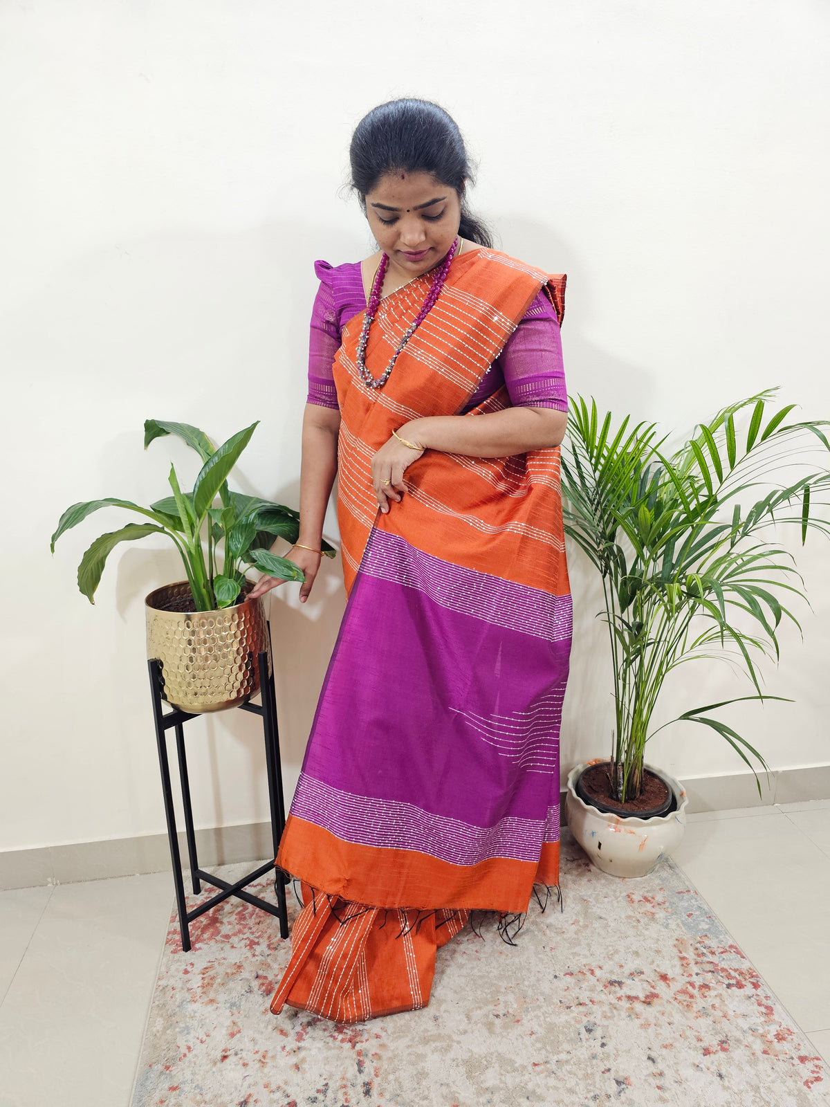 Raw Silk Saree - Orange with Magenta Pink