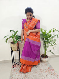 Raw Silk Saree - Orange with Magenta Pink