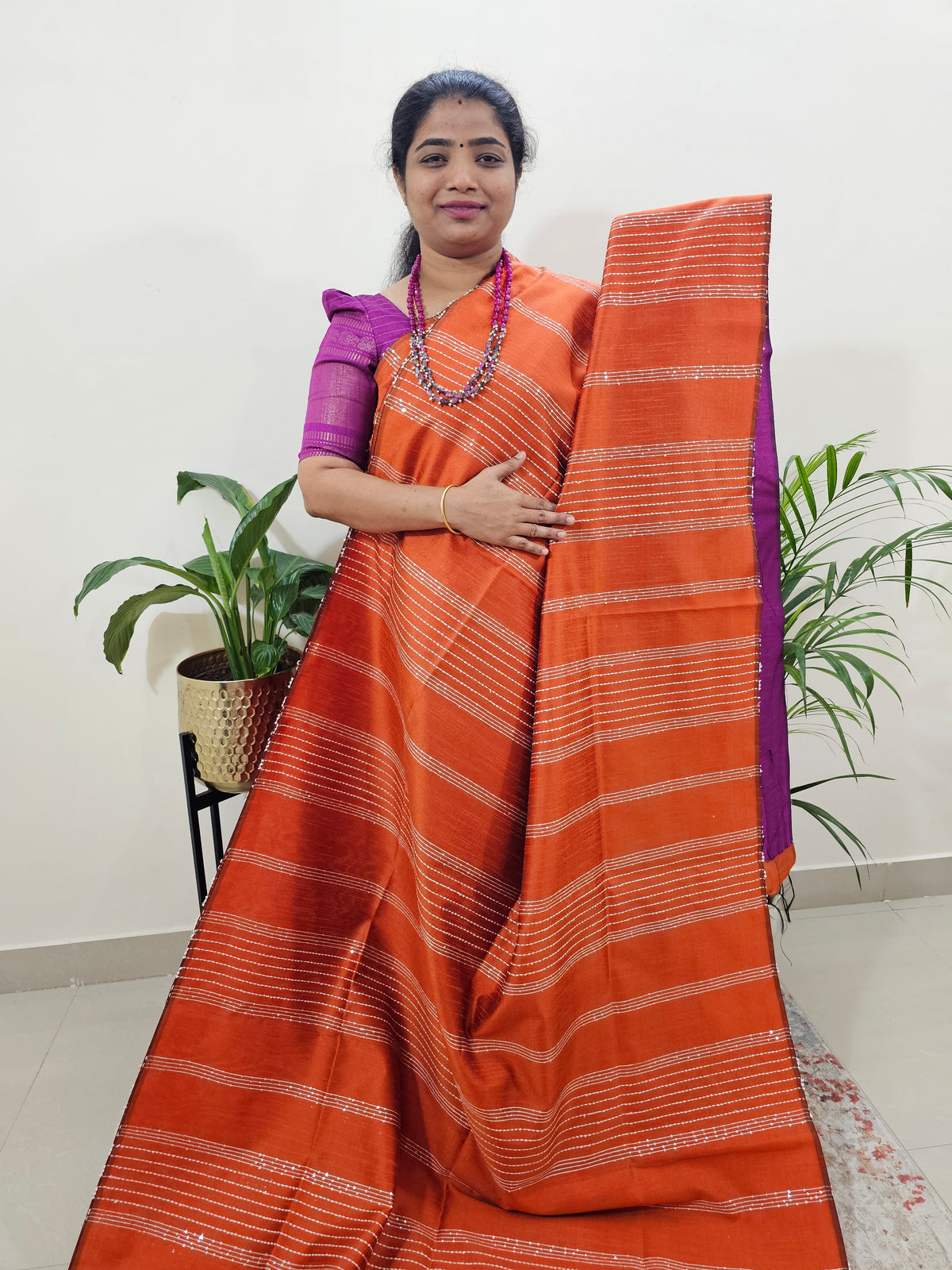 Raw Silk Saree - Orange with Magenta Pink