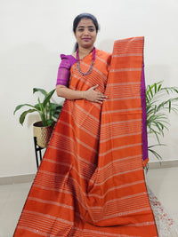 Raw Silk Saree - Orange with Magenta Pink