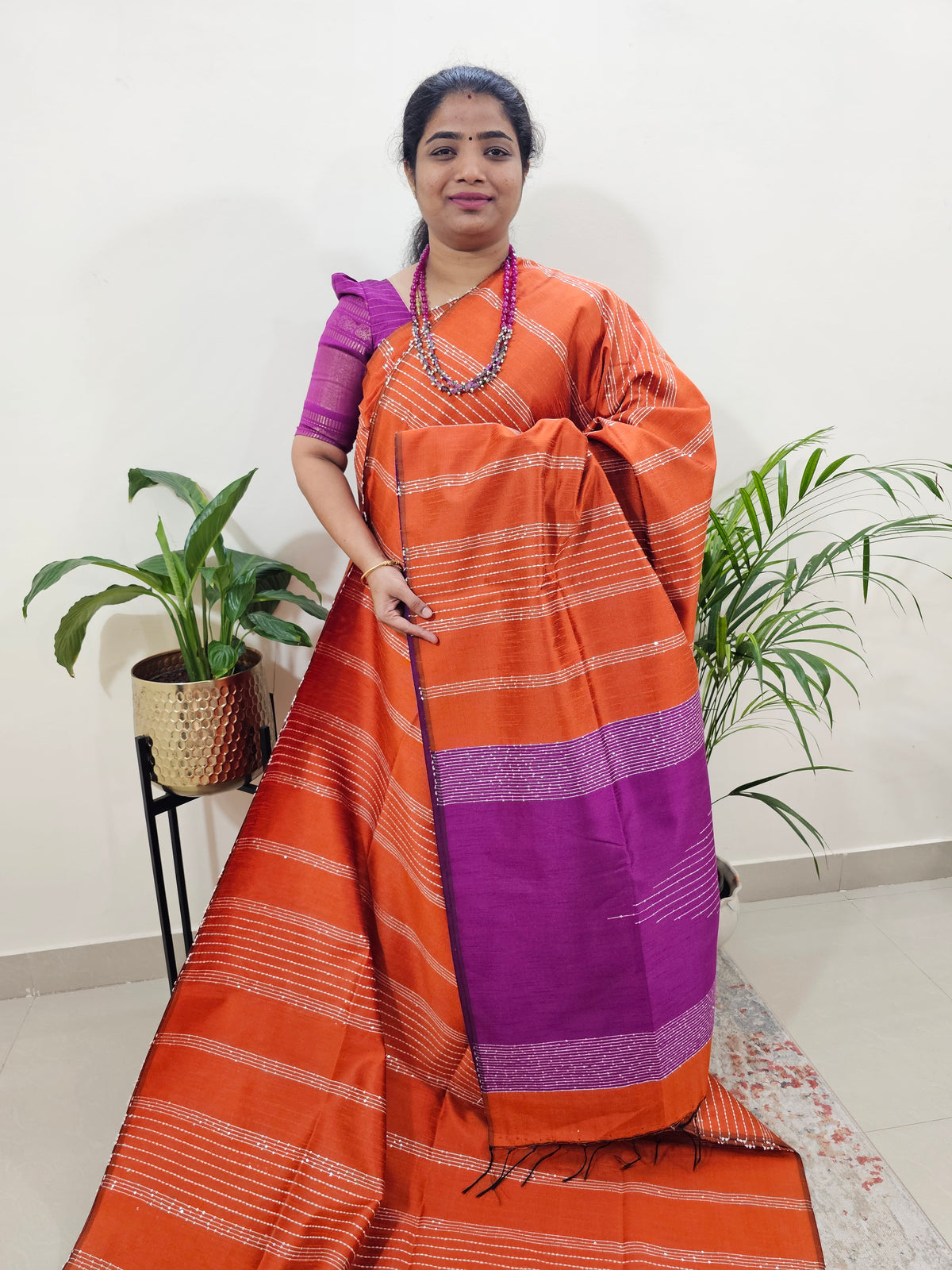 Raw Silk Saree - Orange with Magenta Pink