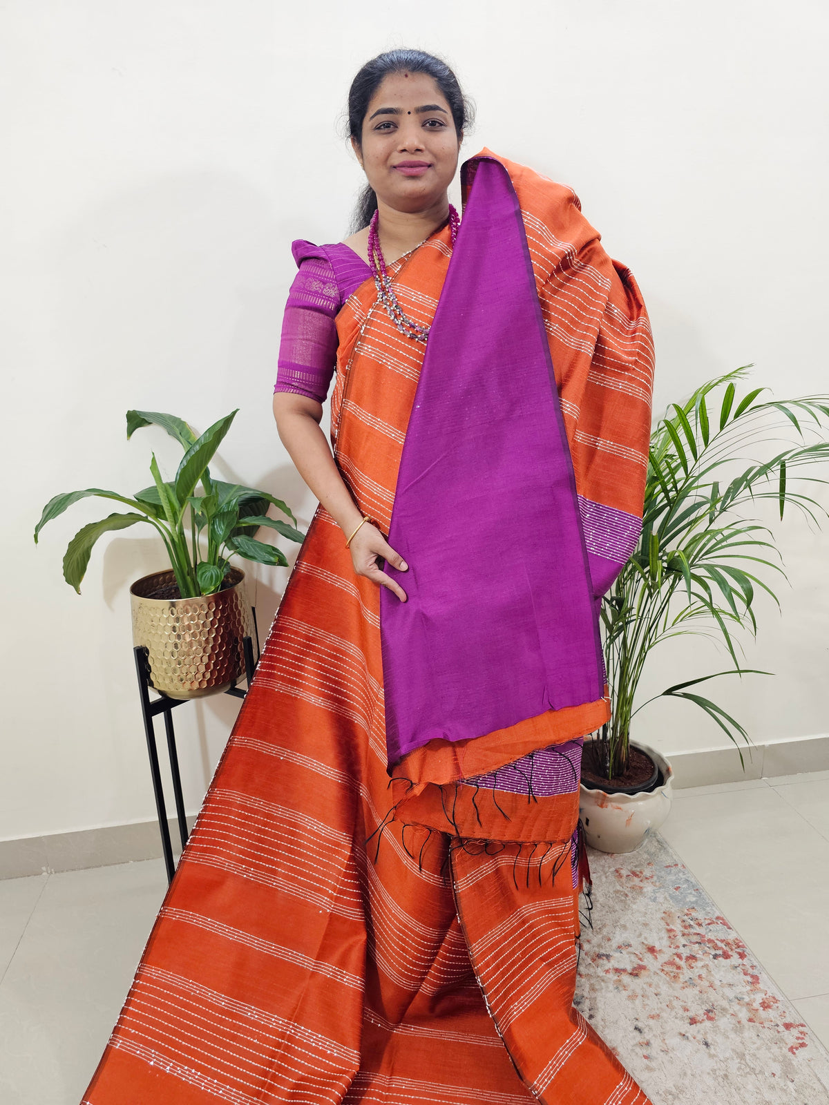 Raw Silk Saree - Orange with Magenta Pink