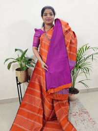 Raw Silk Saree - Orange with Magenta Pink