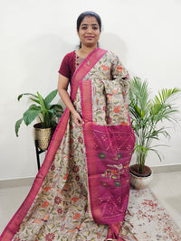 Semi Tussar with Digital Print Saree -Beige with Pink