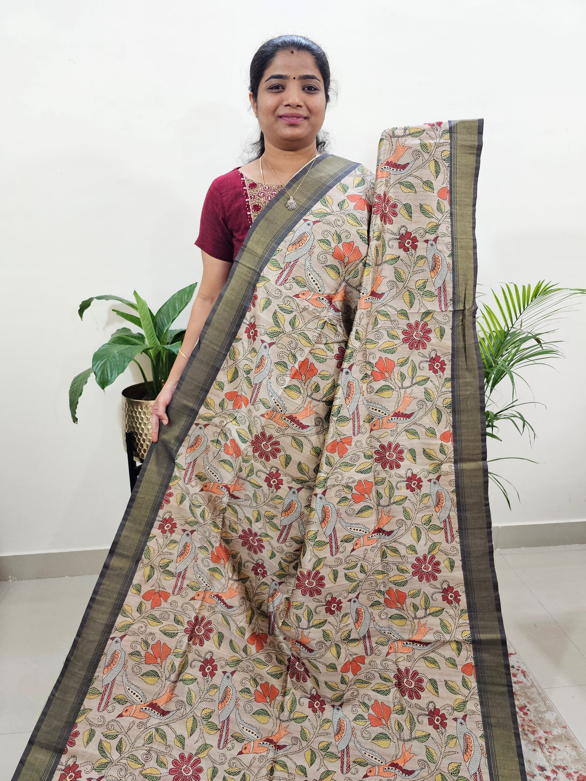 Semi Tussar with Digital Print Saree -Beige with Grey