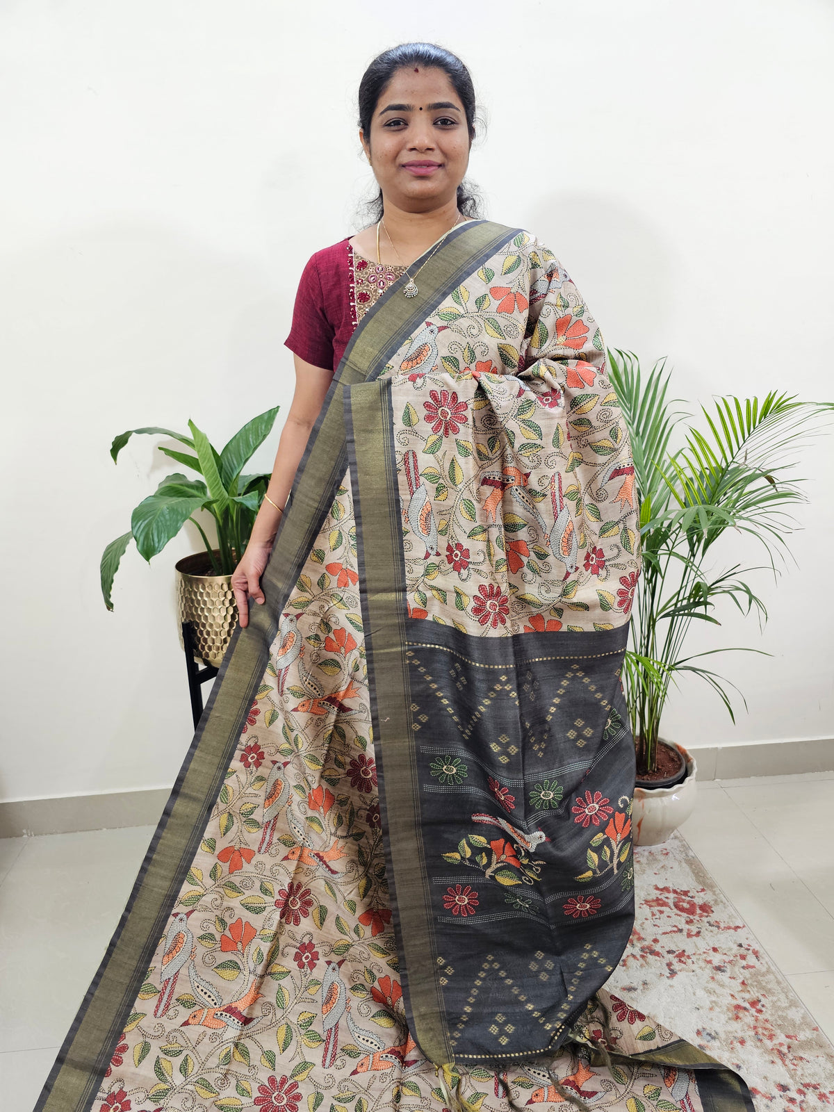 Semi Tussar with Digital Print Saree -Beige with Grey