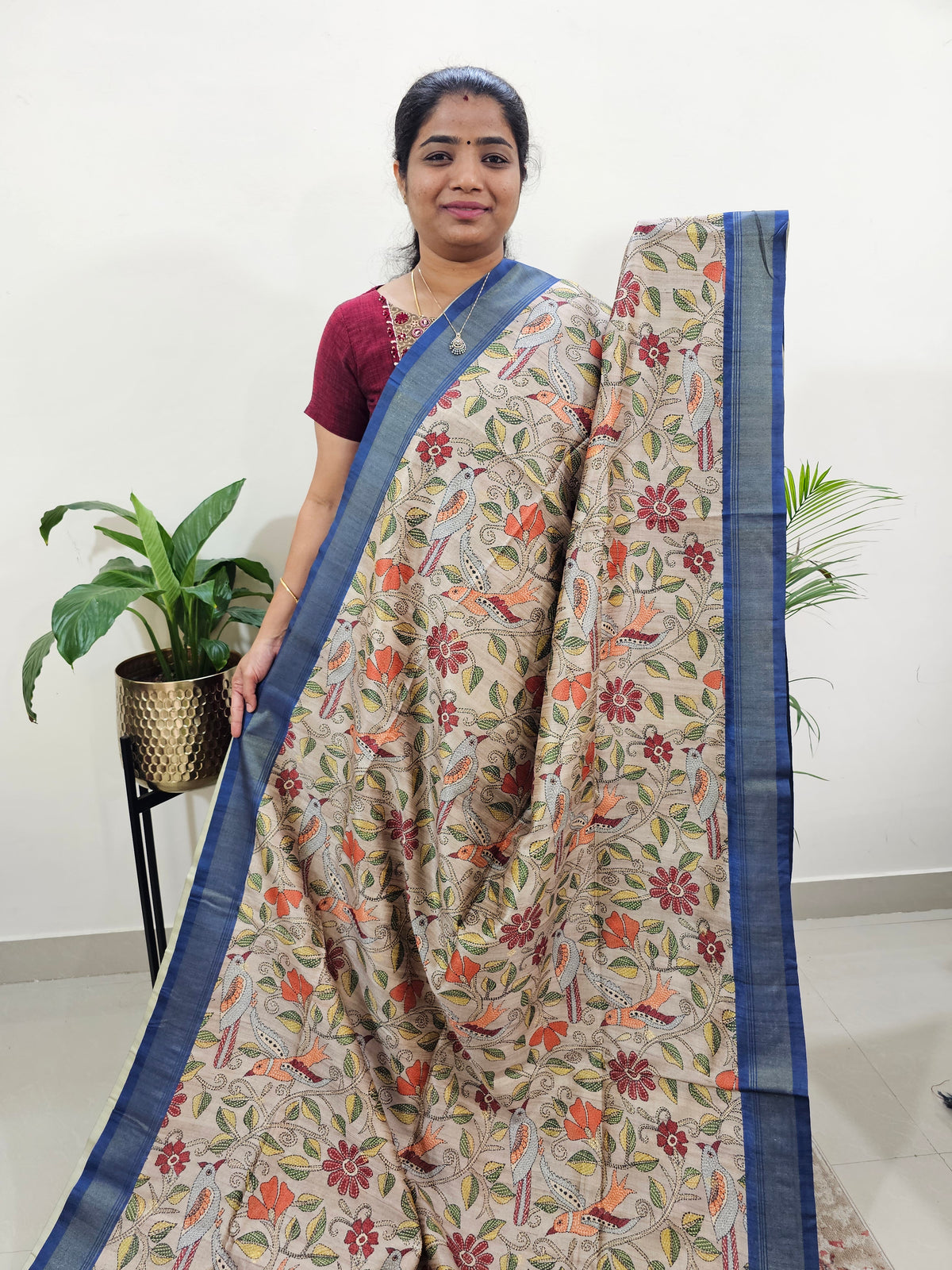 Semi Tussar with Digital Print Saree -Beige with Blue
