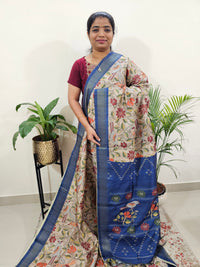 Semi Tussar with Digital Print Saree -Beige with Blue