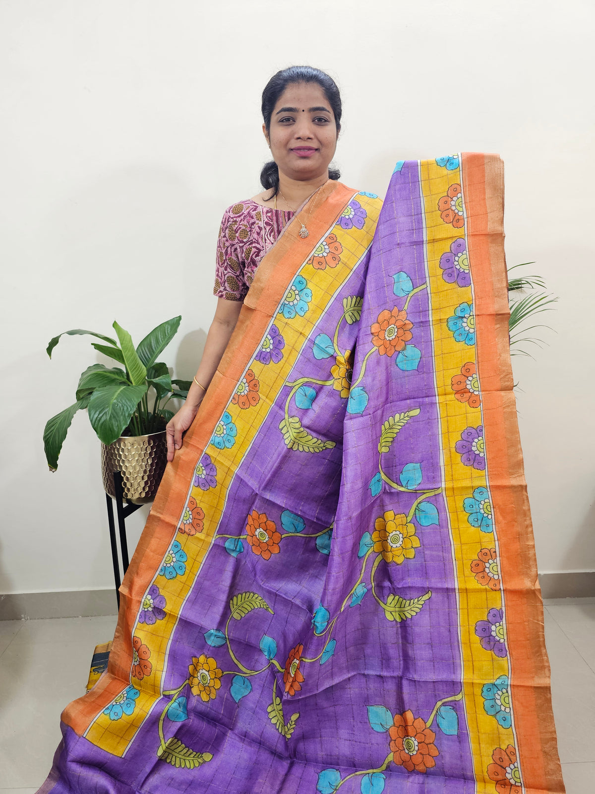 Pure Tussar Silk with Hand Paint - Lavender with Orange