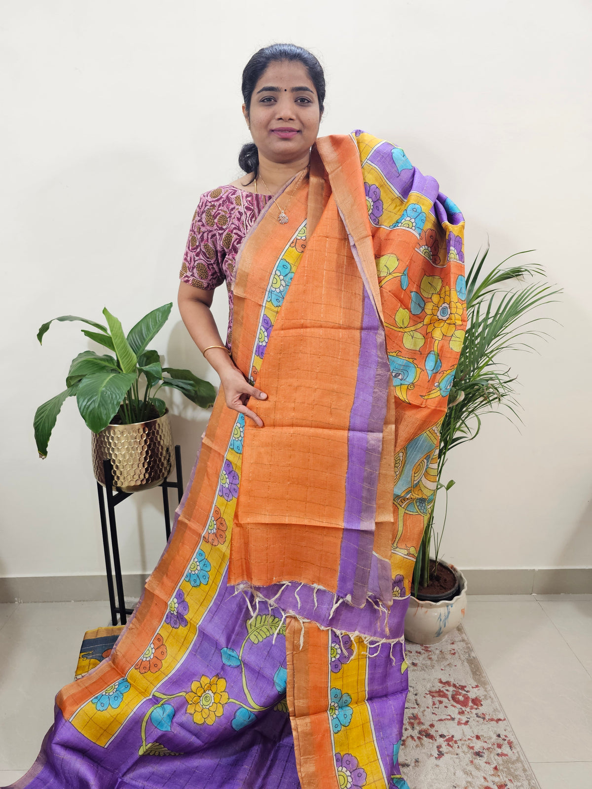 Pure Tussar Silk with Hand Paint - Lavender with Orange