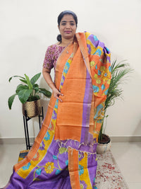 Pure Tussar Silk with Hand Paint - Lavender with Orange