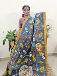 Pure Tussar Silk with Hand Paint - Grey with Mustard Yellow