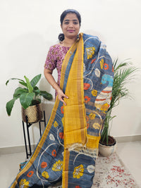 Pure Tussar Silk with Hand Paint - Grey with Mustard Yellow