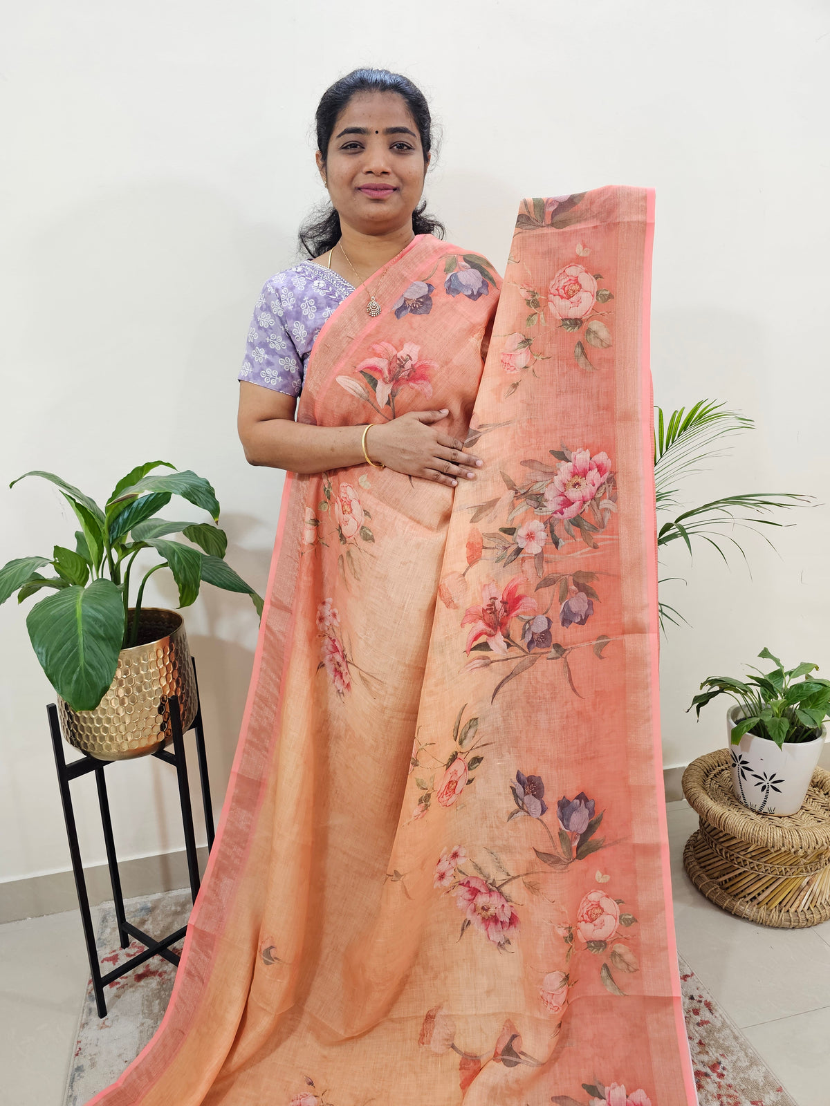 𝐏𝐫𝐞𝐛𝐨𝐨𝐤𝐢𝐧𝐠 𝐀𝐯𝐚𝐢𝐥𝐚𝐛𝐥𝐞  - 𝟐𝟎 𝐝𝐚𝐲𝐬 𝐓𝐢𝐦𝐞 𝐓𝐨 𝐃𝐢𝐬𝐩𝐚𝐭𝐜𝐡 Linen Tissue with Digital Printed Sarees - Yellowish Orange