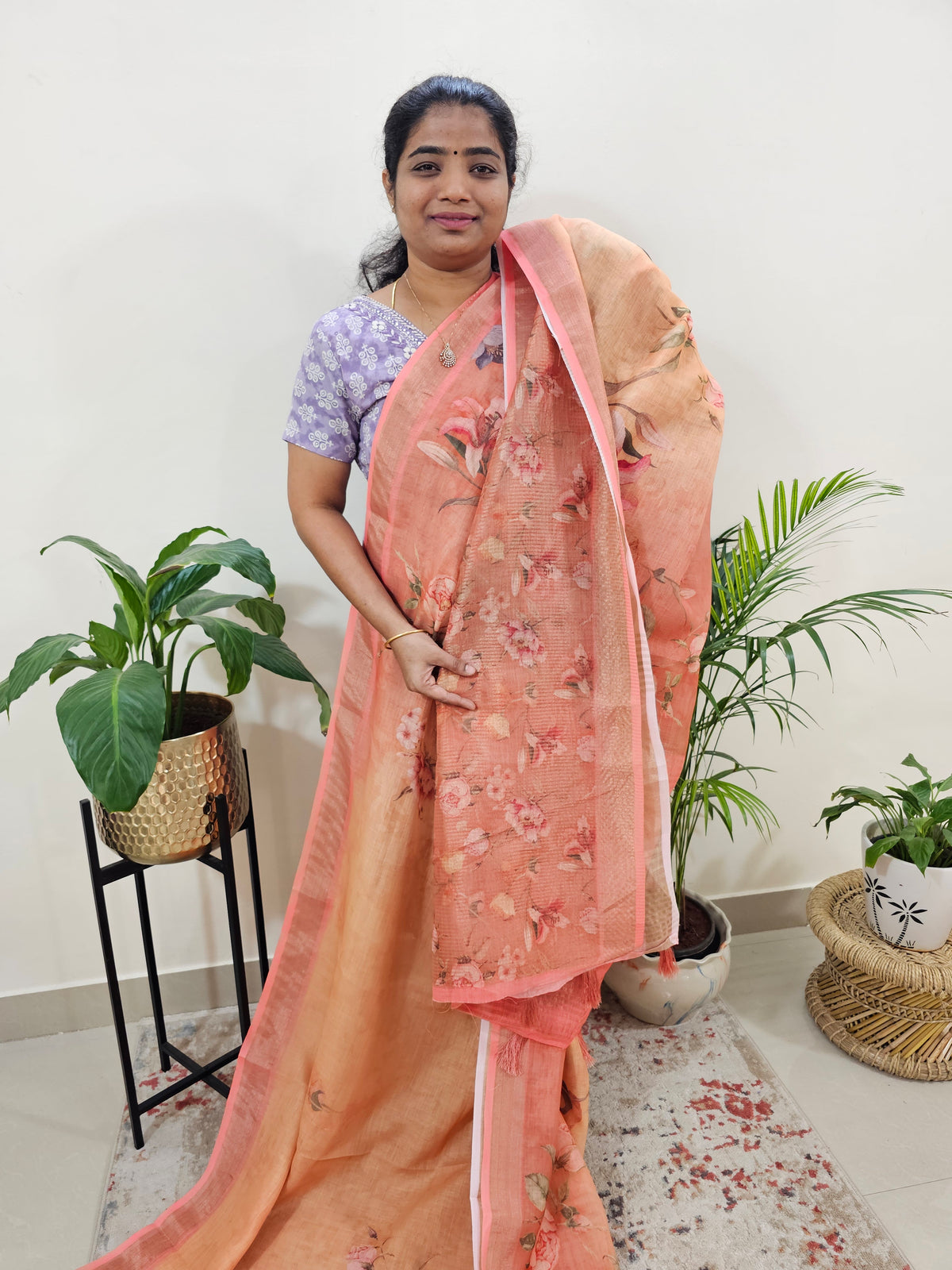 𝐏𝐫𝐞𝐛𝐨𝐨𝐤𝐢𝐧𝐠 𝐀𝐯𝐚𝐢𝐥𝐚𝐛𝐥𝐞  - 𝟐𝟎 𝐝𝐚𝐲𝐬 𝐓𝐢𝐦𝐞 𝐓𝐨 𝐃𝐢𝐬𝐩𝐚𝐭𝐜𝐡 Linen Tissue with Digital Printed Sarees - Yellowish Orange