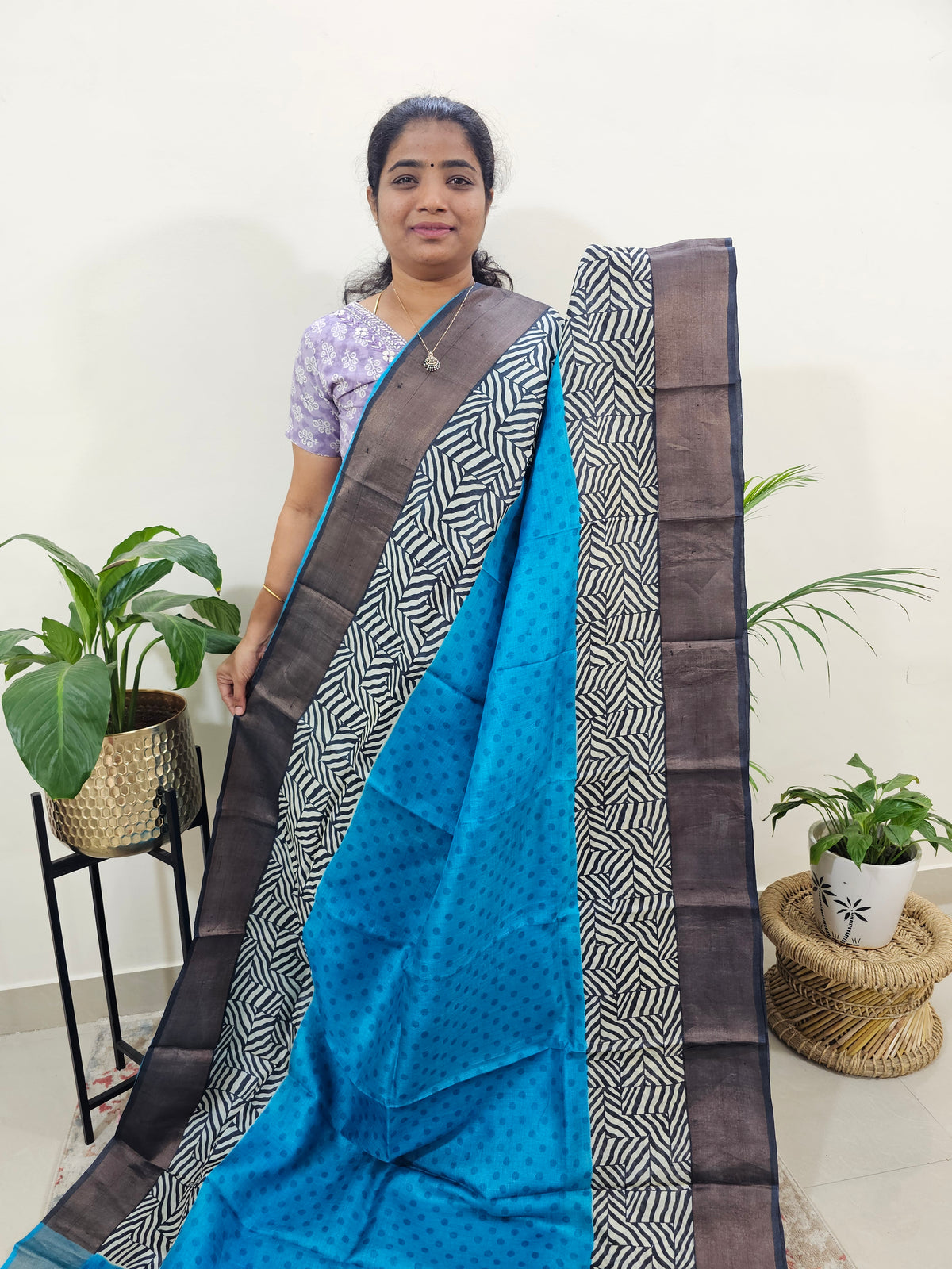 Pure Tussar Silk Saree with Zari Border - Blue with Black