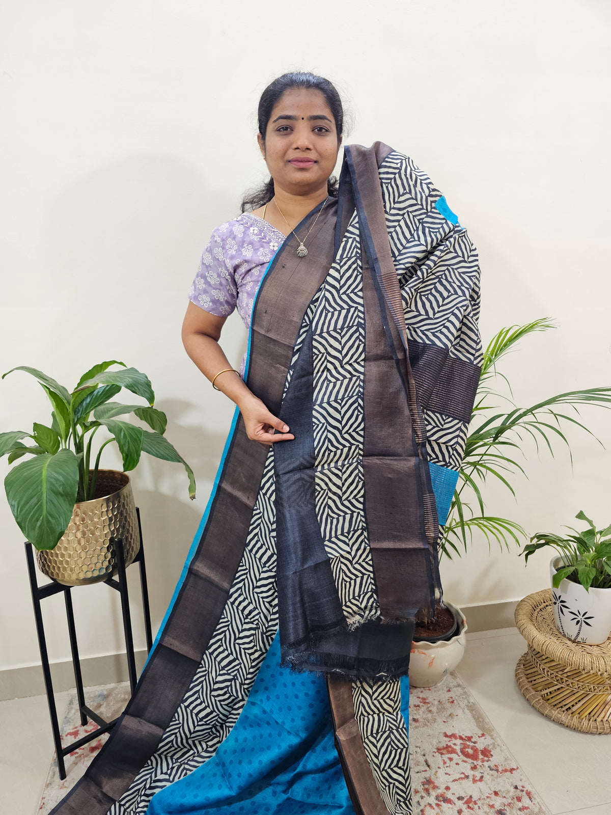 Pure Tussar Silk Saree with Zari Border - Blue with Black