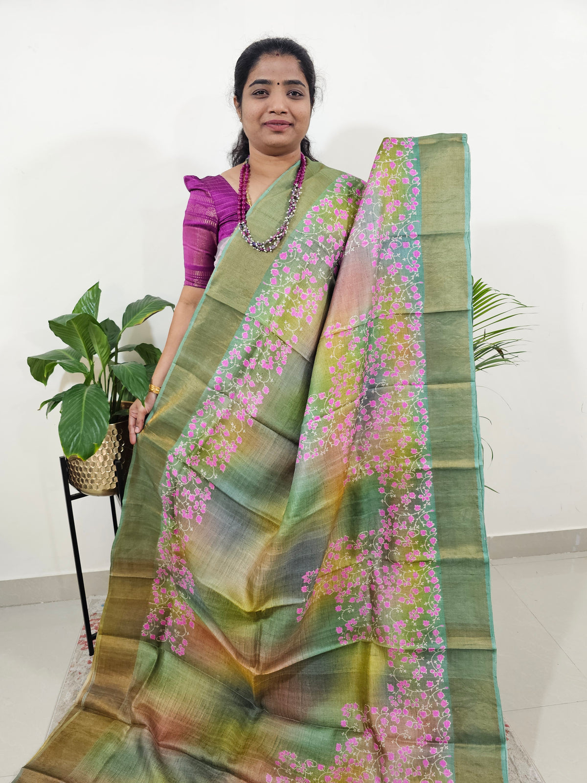 Tussar Silk Saree with Zari Border - Green Multi Shade