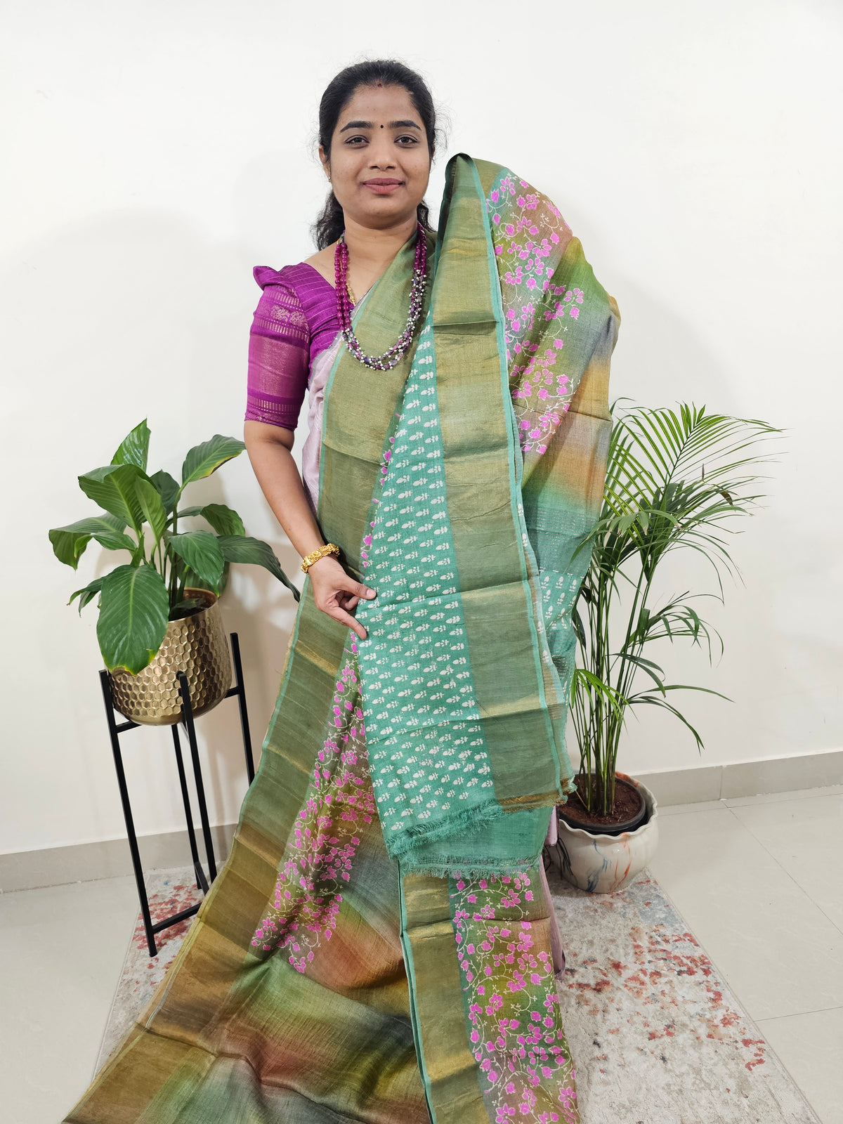 Tussar Silk Saree with Zari Border - Green Multi Shade
