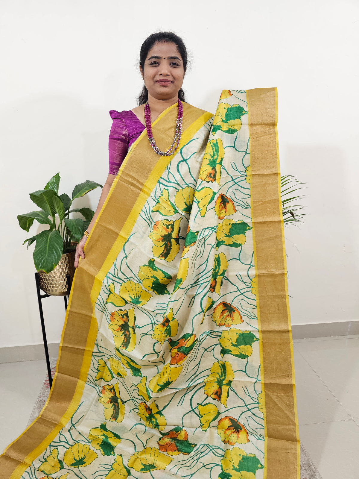 Tussar Silk Saree with Zari Border - Cream with Yellow