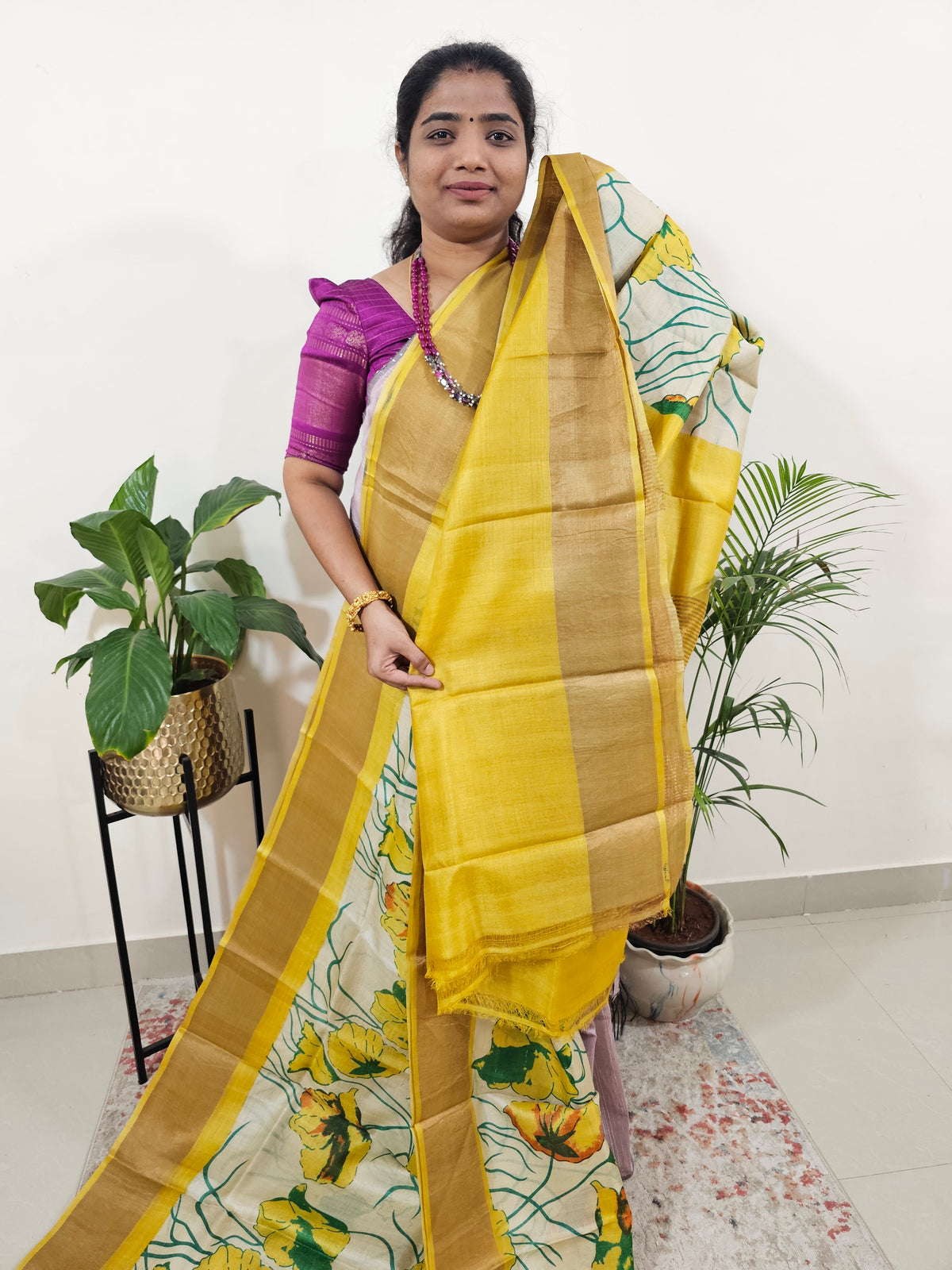 Tussar Silk Saree with Zari Border - Cream with Yellow