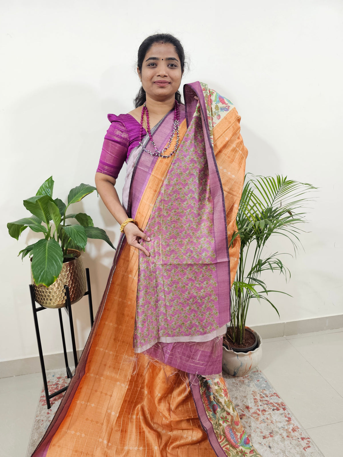 Soft Semi Tussar Weaving with Kalamkari Border -   Orange with Purple