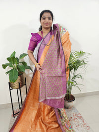Soft Semi Tussar Weaving with Kalamkari Border -   Orange with Purple