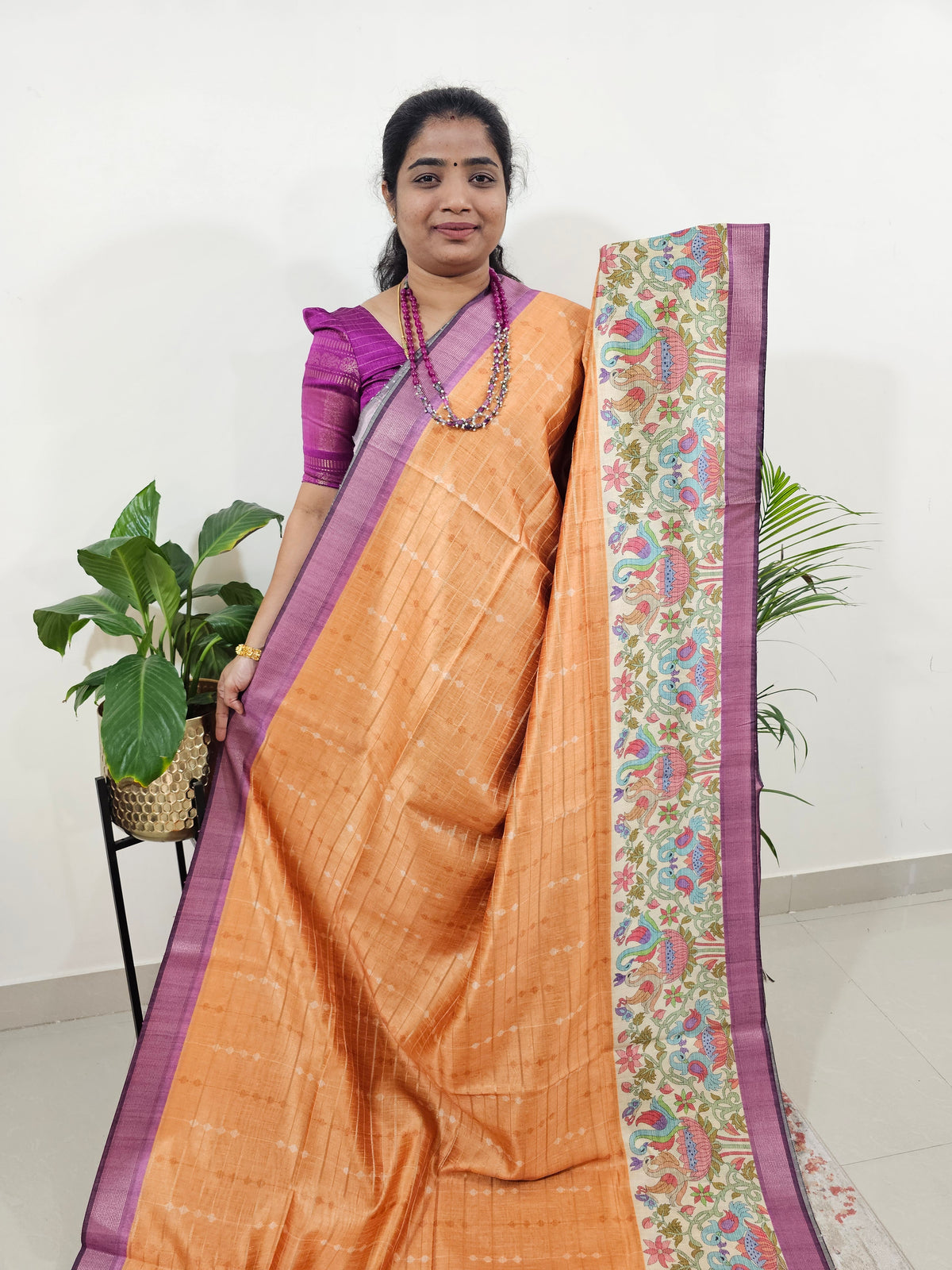 Soft Semi Tussar Weaving with Kalamkari Border -   Orange with Purple