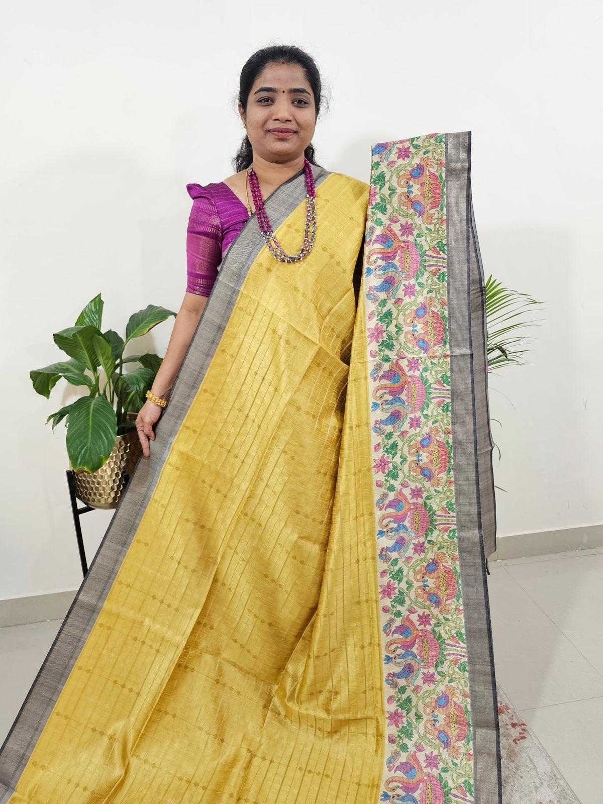 Soft Semi Tussar Weaving with Kalamkari Border -   Yellow with Grey